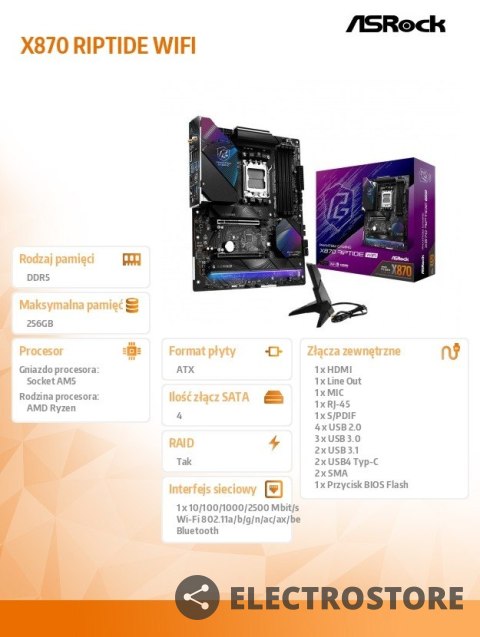 ASRock Płyta główna X870 RIPTIDE WIFI 4DDR5 M.2 ATX ASRock Płyta główna X870 RIPTIDE WIFI 4DDR5 M.2 ATX