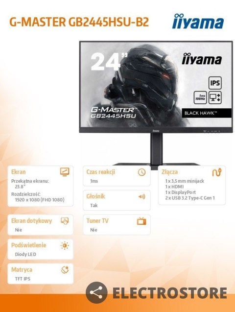 IIYAMA Monitor 23,8 cala GB2445HSU-B2 IPS,FHD,100Hz,1ms,2xUSB,300cd IIYAMA Monitor 23,8 cala GB2445HSU-B2 IPS,FHD,100Hz,1ms,2xUSB,300cd