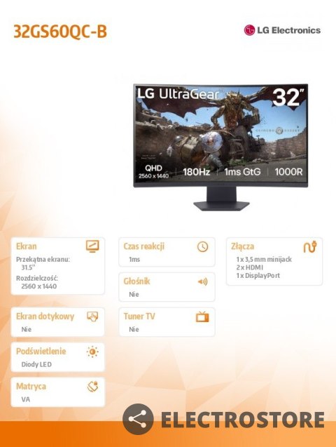 LG Electronics Monitor 32GS60QC-B 31.5 cala QHD 1000R Curved 180Hz LG Electronics Monitor 32GS60QC-B 31.5 cala QHD 1000R Curved 180Hz