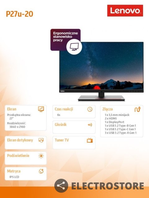 Lenovo Monitor 27.0 ThinkVision P27u-20 WLED LCD 62CBRAT6EU Lenovo Monitor 27.0 ThinkVision P27u-20 WLED LCD 62CBRAT6EU
