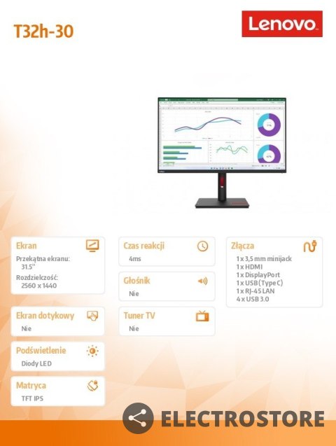 Lenovo Monitor 31,5 cali ThinkVision T32h-30 63D3GAT1EU Lenovo Monitor 31,5 cali ThinkVision T32h-30 63D3GAT1EU