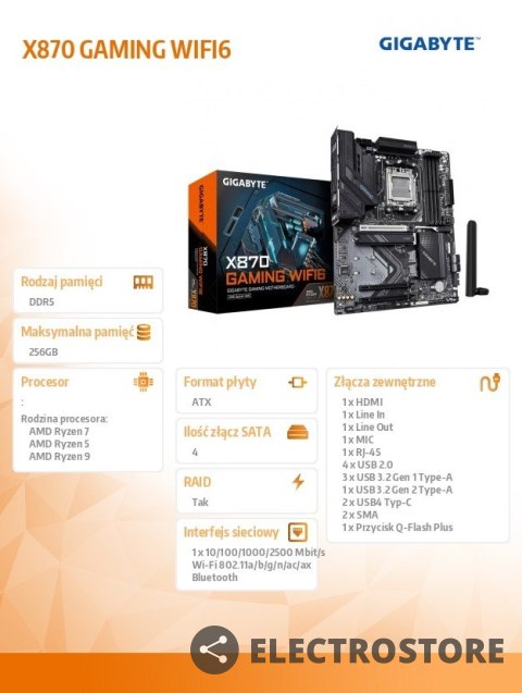 Gigabyte Płyta główna X870 GAMING WIFI6 AM5 4DDR5 HDMI/USB-C ATX Gigabyte Płyta główna X870 GAMING WIFI6 AM5 4DDR5 HDMI/USB-C ATX