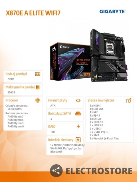 Gigabyte Płyta główna X870E A ELITE WIFI7 AM5 4DDR5 HDMI/USB-C ATX Gigabyte Płyta główna X870E A ELITE WIFI7 AM5 4DDR5 HDMI/USB-C ATX