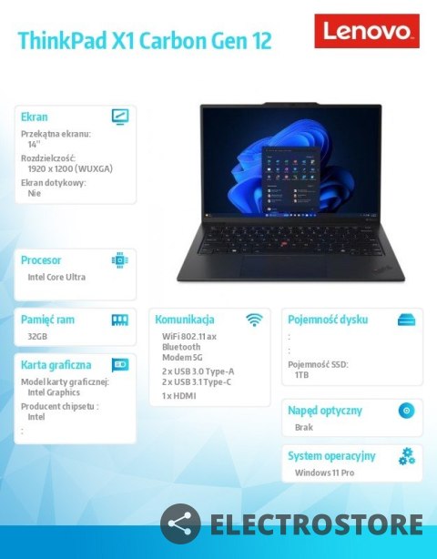 Lenovo Ultrabook ThinkPad X1 Carbon G12 21KC0067PB W11Pro Ultra 7 155U/32GB/1TB/INT/LTE/14.0 WUXGA/Black/vPro/3YRS Premier Support + CO Lenovo Ultrabook ThinkPad X1 Carbon G12 21KC0067PB W11Pro Ultra 7 155U/32GB/1TB/INT/LTE/14.0 WUXGA/Black/vPro/3YRS Premier Support + CO