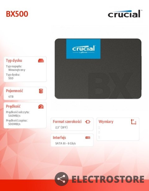 Crucial Dysk SSD BX500 4000GB SATA3 2.5 cala 540/500MB/s Crucial Dysk SSD BX500 4000GB SATA3 2.5 cala 540/500MB/s