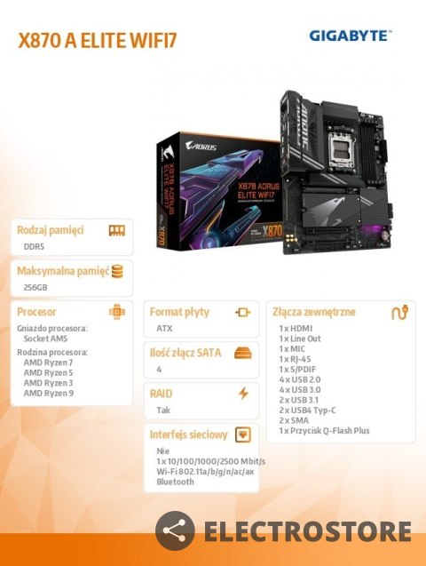 Gigabyte Płyta główna X870 A ELITE WIFI7 AM5 4DDR5 HDMI/USB-C ATX Gigabyte Płyta główna X870 A ELITE WIFI7 AM5 4DDR5 HDMI/USB-C ATX