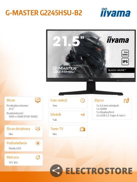 IIYAMA Monitor 22 cale G2245HSU-B2 IPS,FHD,100Hz,1ms,2xUSB,300cd IIYAMA Monitor 22 cale G2245HSU-B2 IPS,FHD,100Hz,1ms,2xUSB,300cd