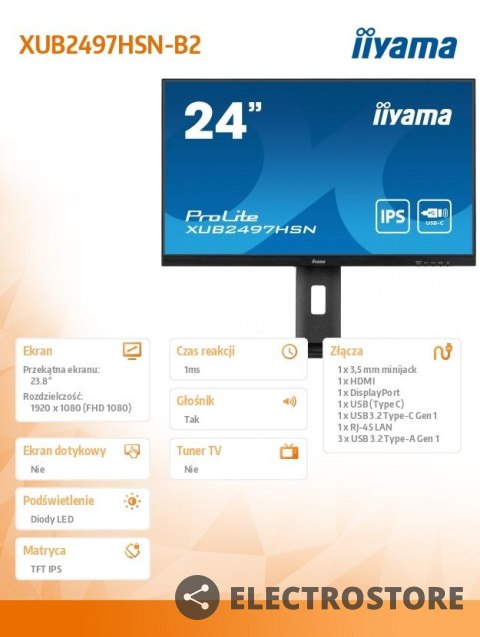IIYAMA Monitor 24 cale XUB2497HSN-B2 IPS, USB-C Dock, HDMI, DP, 300cd, Pivot, HAS /5y/ IIYAMA Monitor 24 cale XUB2497HSN-B2 IPS, USB-C Dock, HDMI, DP, 300cd, Pivot, HAS /5y/