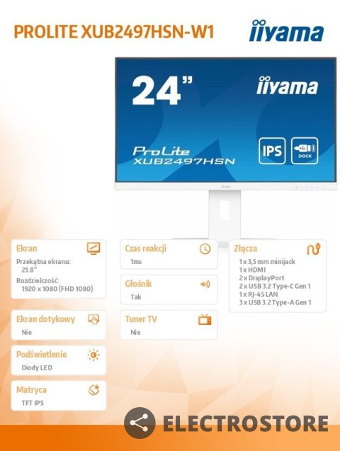 IIYAMA Monitor 24 cale XUB2497HSN-W1 IPS,USB-C Dock,HDMI,DP /5y/ IIYAMA Monitor 24 cale XUB2497HSN-W1 IPS,USB-C Dock,HDMI,DP /5y/
