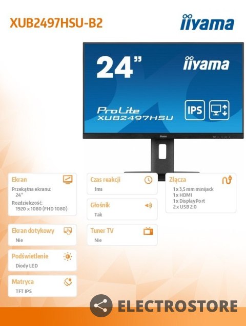 IIYAMA Monitor 24 cale XUB2497HSU-B2 IPS, HDMI, DP, 2x2W, 2xUSB, Pivot, HAS(150mm) /5y/ IIYAMA Monitor 24 cale XUB2497HSU-B2 IPS, HDMI, DP, 2x2W, 2xUSB, Pivot, HAS(150mm) /5y/