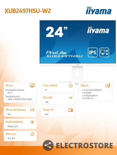 IIYAMA Monitor 24 cale XUB2497HSU-W2 IPS, HDMI, DP, 2x2W, 2xUSB, Pivot, HAS(150mm) /5y/ IIYAMA Monitor 24 cale XUB2497HSU-W2 IPS, HDMI, DP, 2x2W, 2xUSB, Pivot, HAS(150mm) /5y/