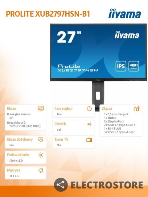 IIYAMA Monitor 27 cali XUB2797HSN-B1 IPS,FHD,USB-C Dock,HAS /5y/ IIYAMA Monitor 27 cali XUB2797HSN-B1 IPS,FHD,USB-C Dock,HAS /5y/