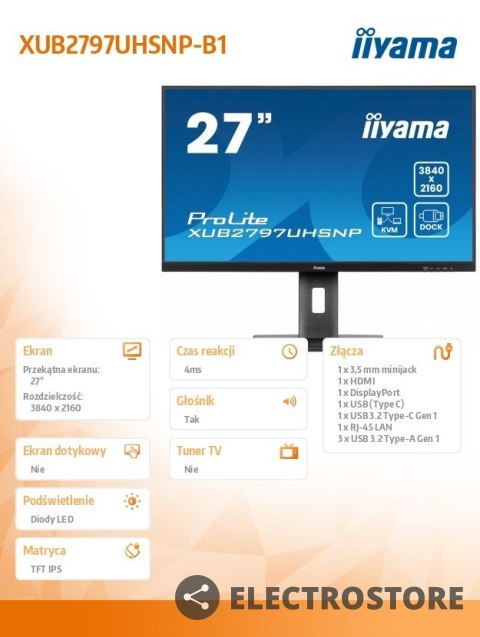 IIYAMA Monitor 27 cali XUB2797UHSNP-B1, 4K, IPS, DP, HDMI, USB-C, Pivot, HAS /5y/ IIYAMA Monitor 27 cali XUB2797UHSNP-B1, 4K, IPS, DP, HDMI, USB-C, Pivot, HAS /5y/