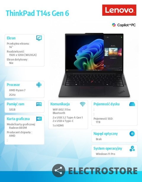 Lenovo Ultrabook ThinkPad T14s G6 21M1000GPB W11Pro 7 PRO 360/32GB/1TB/INT/14.0 WUXGA/Black/3YRS Premier Support + CO2 Offset Lenovo Ultrabook ThinkPad T14s G6 21M1000GPB W11Pro 7 PRO 360/32GB/1TB/INT/14.0 WUXGA/Black/3YRS Premier Support + CO2 Offset