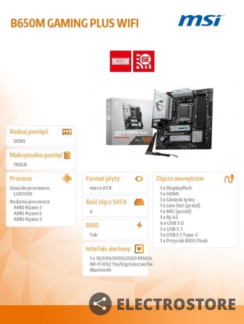 MSI Płyta główna B650M GAMING PLUS WIFI AM5 4DDR5 HDMI/DP mATX MSI Płyta główna B650M GAMING PLUS WIFI AM5 4DDR5 HDMI/DP mATX