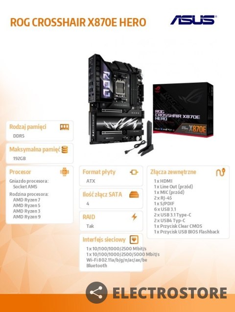 Asus Płyta główna ROG CROSSHAIR X870E HERO AM5 4DDR5 HDMI/USB-C Asus Płyta główna ROG CROSSHAIR X870E HERO AM5 4DDR5 HDMI/USB-C