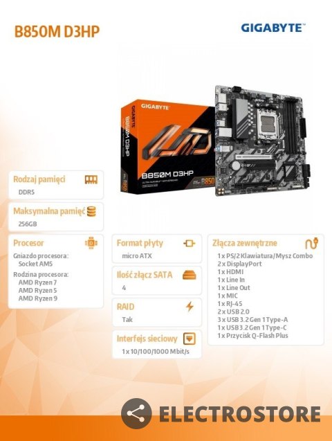 Gigabyte Płyta główna B850M D3HP Gigabyte Płyta główna B850M D3HP