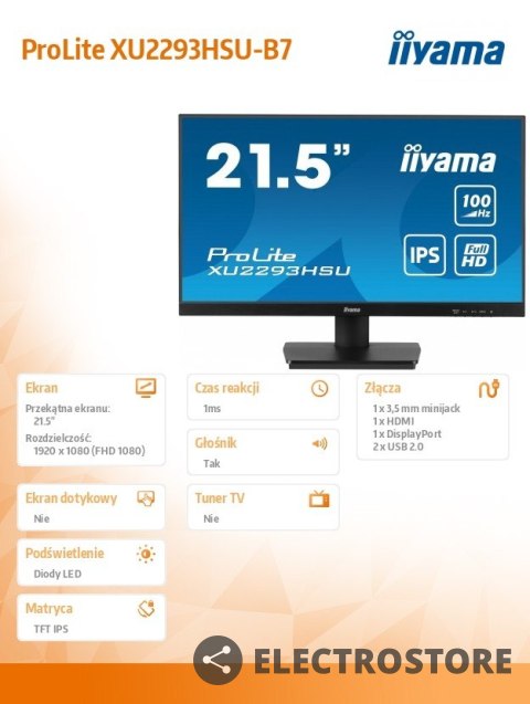 IIYAMA Monitor 22 cale XU2293HSU-B7,IPS,100Hz,FHD,HDMI,DP,300cd IIYAMA Monitor 22 cale XU2293HSU-B7,IPS,100Hz,FHD,HDMI,DP,300cd