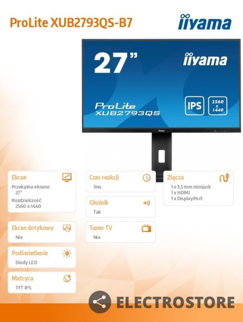 IIYAMA Monitor 27 cali XUB2793QS-B7,IPS,QHD,HAS(150mm),100Hz,300cd IIYAMA Monitor 27 cali XUB2793QS-B7,IPS,QHD,HAS(150mm),100Hz,300cd