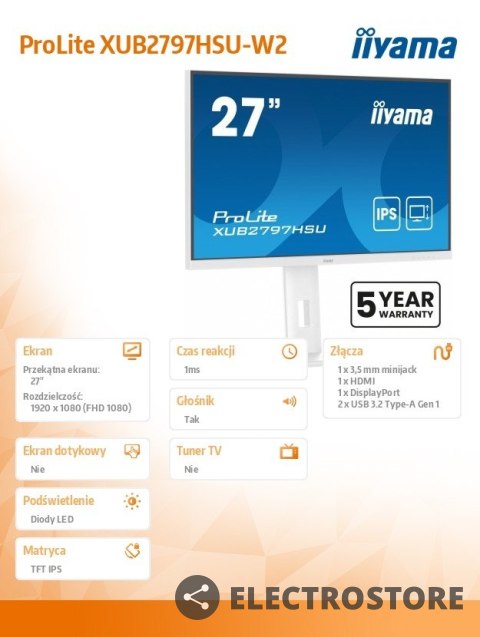 IIYAMA Monitor 27 cali XUB2797HSU-W2 IPS,FHD,HAS,300cd,(5y) IIYAMA Monitor 27 cali XUB2797HSU-W2 IPS,FHD,HAS,300cd,(5y)