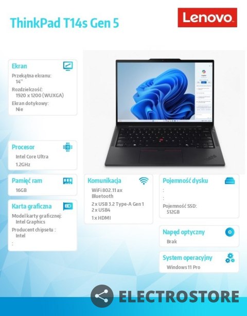 Lenovo Ultrabook ThinkPad T14s G5 21LS0021PB W11Pro Ultra 7 155U/16GB/512GB/INT/14.0 WUXGA/Black/3YRS Premier Support + CO2 Offset