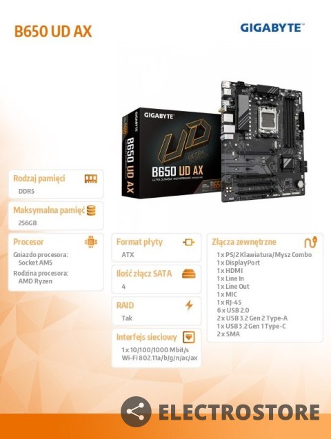 Gigabyte Płyta główna B650 UD AX AM5 4DDR5 HDMI/DP ATX Gigabyte Płyta główna B650 UD AX AM5 4DDR5 HDMI/DP ATX