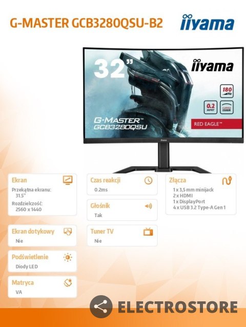 IIYAMA Monitor 32 cale GCB3280QSU-B2,VA,QHD,180Hz,1500R,0.2ms,4xUSB,350cd IIYAMA Monitor 32 cale GCB3280QSU-B2,VA,QHD,180Hz,1500R,0.2ms,4xUSB,350cd
