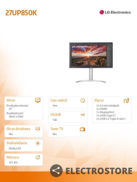 LG Electronics Monitor 27 cali 27UP850K-W UHD IPS USB-C Vesa DisplayHDR LG Electronics Monitor 27 cali 27UP850K-W UHD IPS USB-C Vesa DisplayHDR