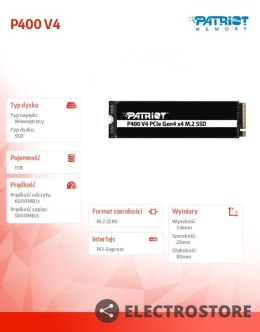 Patriot Dysk SSD 1TB P400 V4 6000/5000 MB/s M.2 PCIe Gen4 x4 NVMe 2.0