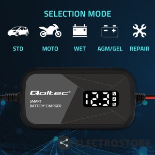 Qoltec Inteligentna mikroprocesorowa ładowarka 12V | 2A | Prostownik z funkcją regeneracji ogniw do akumulatora AGM GEL | LCD