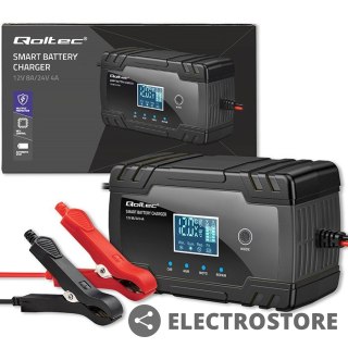 Qoltec Inteligentna mikroprocesorowa ładowarka 12V 8A | 24V 4A |Prostownik z funkcją naprawy do akumulatora AGM GEL | LCD