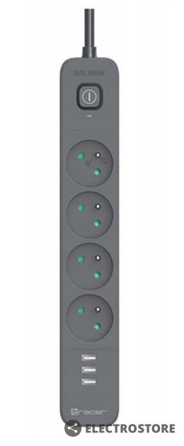 Tracer Listwa zasilająca antyprzepięciowa Power Line+ mobile ready 1.5m (4 gniazda + 3x USB A, 5V 2.4A)