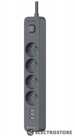 Tracer Listwa zasilająca antyprzepięciowa Power Line+ mobile ready 1.5m (4 gniazda + 3x USB A, 5V 2.4A)
