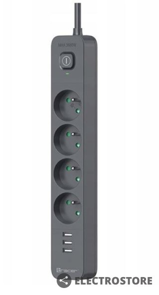 Tracer Listwa zasilająca antyprzepięciowa Power Line+ mobile ready 1.5m (4 gniazda + 3x USB A, 5V 2.4A)