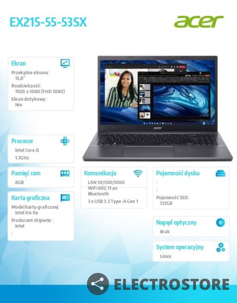 Acer Laptop Extensa 15 EX215-55-53SX i5-1235U 15.6 FHD 8GB 512GB Linux Acer Laptop Extensa 15 EX215-55-53SX i5-1235U 15.6 FHD 8GB 512GB Linux