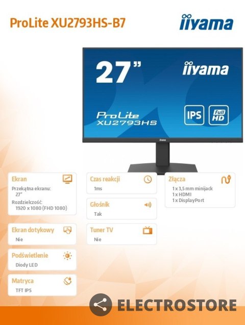 IIYAMA Monitor 27 cali XU2793HS-B7,IPS,HDMI,DP,ACR,2x2W,300cd IIYAMA Monitor 27 cali XU2793HS-B7,IPS,HDMI,DP,ACR,2x2W,300cd