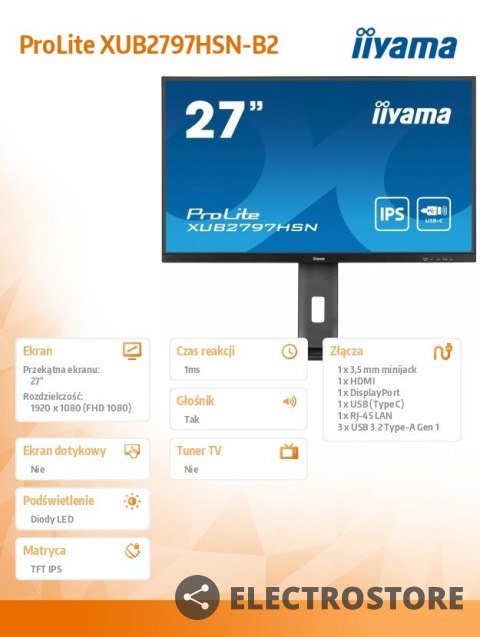 IIYAMA Monitor 27 cali XUB2797HSN-B2 IPS,FHD,USB-C Dock,HAS,300cd /5y/ IIYAMA Monitor 27 cali XUB2797HSN-B2 IPS,FHD,USB-C Dock,HAS,300cd /5y/