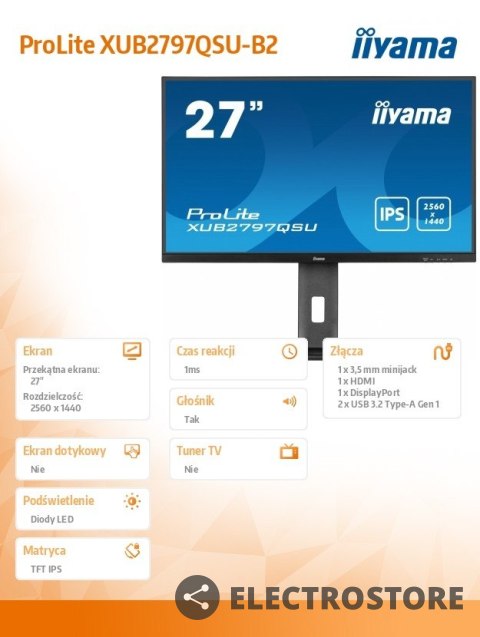 IIYAMA Monitor 27 cali XUB2797QSU-B2 IPS,HDMI,DP,100Hz,QHD,300cd /5y/ IIYAMA Monitor 27 cali XUB2797QSU-B2 IPS,HDMI,DP,100Hz,QHD,300cd /5y/