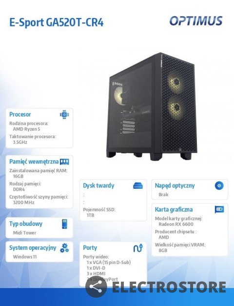 OPTIMUS Komputer E-Sport GA520T-CR4 Ryzen 5 5600/16GB/1TB/RX 6600 8GB/W11 OPTIMUS Komputer E-Sport GA520T-CR4 Ryzen 5 5600/16GB/1TB/RX 6600 8GB/W11