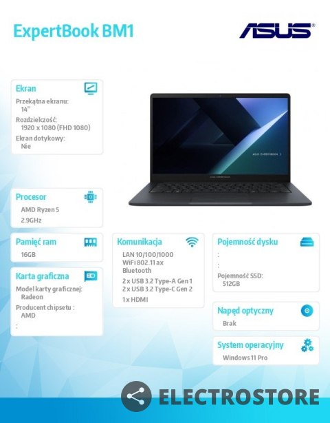 Asus Notebook ExpertBook BM1 BM1403CDA-S60101X - R5 7535U/16GB/512GB/14 FHD/Win 11 PRO/3YRS