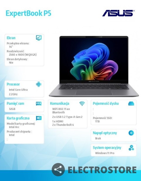 Asus Notebook P5405CSA-NZ0408X ultra 7 258V/14 cali WQXGA/32GB/1TB/ Win 11 PRO/3YRS Asus Notebook P5405CSA-NZ0408X ultra 7 258V/14 cali WQXGA/32GB/1TB/ Win 11 PRO/3YRS