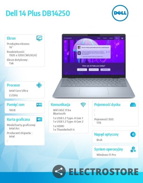 Dell Laptop Dell 14 Plus DB14250 Win11Pro Ultra 7 256V/16GB/1TB/14.0 FHD+ Touch/Arc/FgrPr/WLAN + BT/Backlit Kb/4 Cell/3Y ProSupport Dell Laptop Dell 14 Plus DB14250 Win11Pro Ultra 7 256V/16GB/1TB/14.0 FHD+ Touch/Arc/FgrPr/WLAN + BT/Backlit Kb/4 Cell/3Y ProSupport