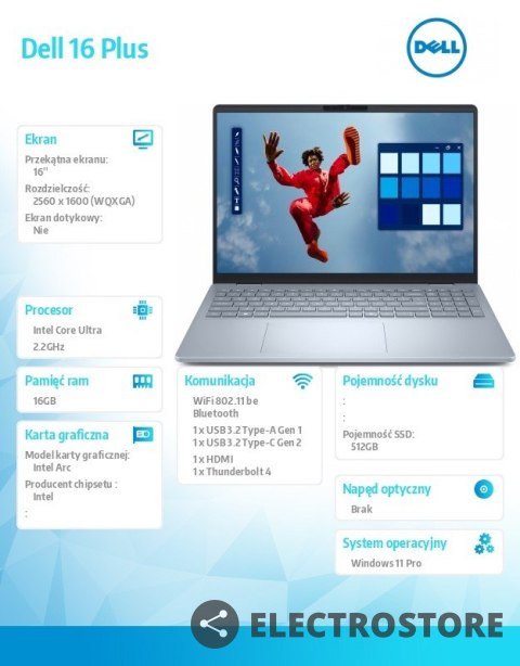 Dell Notebook Dell 16 Plus DB16250 Win11Pro Ultra 7 256V/16GB/512GB SSD/16.0 2.5K/Arc/FgrPr/WLAN + BT/Backlit Kb/4 Cell/3Y ProSupport Dell Notebook Dell 16 Plus DB16250 Win11Pro Ultra 7 256V/16GB/512GB SSD/16.0 2.5K/Arc/FgrPr/WLAN + BT/Backlit Kb/4 Cell/3Y ProSupport