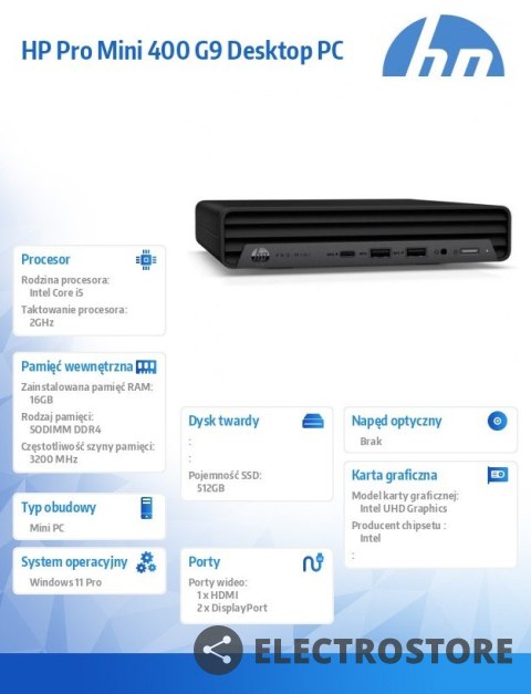 HP Inc. Komputer 400 Mini G9 i5-12500T 512GB/16GB/W11P 885H8EA HP Inc. Komputer 400 Mini G9 i5-12500T 512GB/16GB/W11P 885H8EA