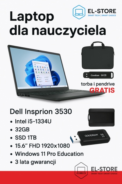 Laptop Dell Inspiron 3530 - Intel i5-1334U | 32GB | SSD 1TB | 15.6" FHD 1920x1080 | Windows 11 Pro Education | 3 lata gwarancji