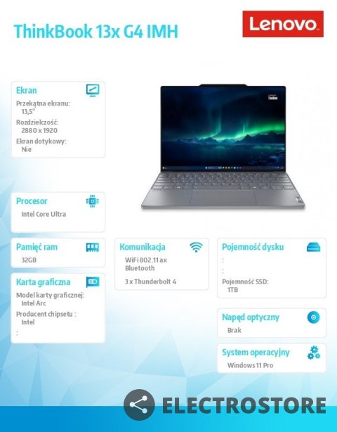 Lenovo Laptop ThinkBook 13x G4 21KR000MPB W11Pro Ultra 9 185H/32GB/1TB/INT/13.5 2.8K/Luna Grey/3YRS OS Lenovo Laptop ThinkBook 13x G4 21KR000MPB W11Pro Ultra 9 185H/32GB/1TB/INT/13.5 2.8K/Luna Grey/3YRS OS