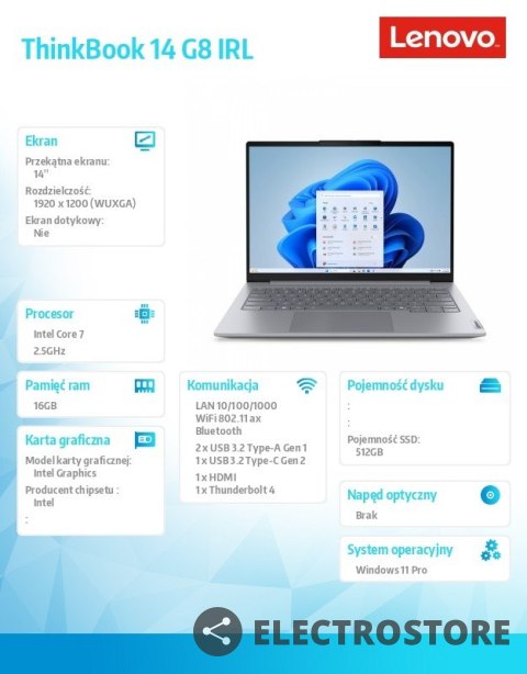 Lenovo Laptop ThinkBook 14 G8 21SG009APB W11Pro Intel 7 240H/16GB/512GB/INT/14.0 WUXGA/Arctic Grey/3YRS OS + CO2 Offset Lenovo Laptop ThinkBook 14 G8 21SG009APB W11Pro Intel 7 240H/16GB/512GB/INT/14.0 WUXGA/Arctic Grey/3YRS OS + CO2 Offset