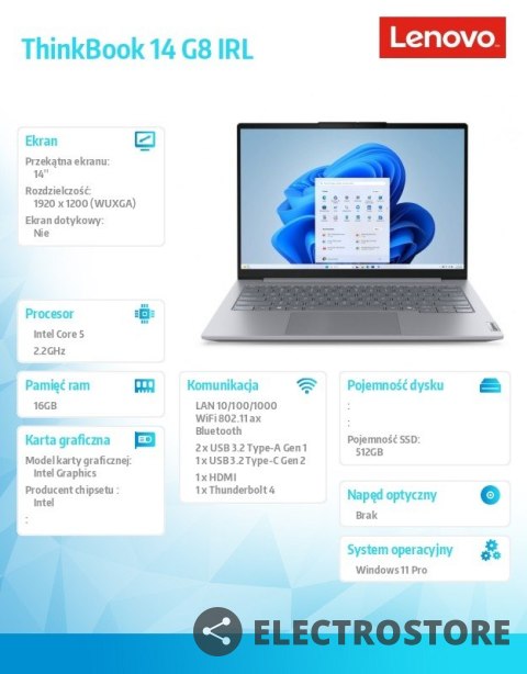 Lenovo Laptop ThinkBook 14 G8 IRL 21SG0099PB W11Pro Intel 5 210H/16GB/512GB/INT/14 cali WUXGA/Arctic Grey/3YRS OS + CO2 Offset Lenovo Laptop ThinkBook 14 G8 IRL 21SG0099PB W11Pro Intel 5 210H/16GB/512GB/INT/14 cali WUXGA/Arctic Grey/3YRS OS + CO2 Offset