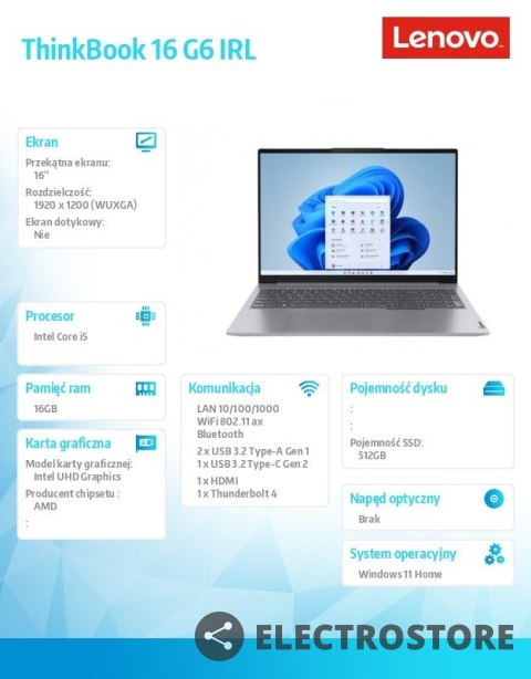 Lenovo Notebook ThinkBook 16 G6 21KH00VYPB W11Home i5-13420H/16GB/512GB/INT/16.0 WUXGA/Arctic Grey/3YRS OS + CO2 Offset Lenovo Notebook ThinkBook 16 G6 21KH00VYPB W11Home i5-13420H/16GB/512GB/INT/16.0 WUXGA/Arctic Grey/3YRS OS + CO2 Offset