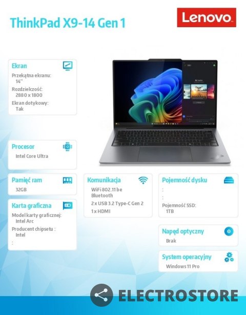 Lenovo Ultrabook ThinkPad X9-14 G1 21QA0025PB W11Pro Ultra 7 258V/32GB/1TB/INT/14.0 2.8K OLED/Grey/3YRS Premier Support Plus + CO2 Offs Lenovo Ultrabook ThinkPad X9-14 G1 21QA0025PB W11Pro Ultra 7 258V/32GB/1TB/INT/14.0 2.8K OLED/Grey/3YRS Premier Support Plus + CO2 Offs